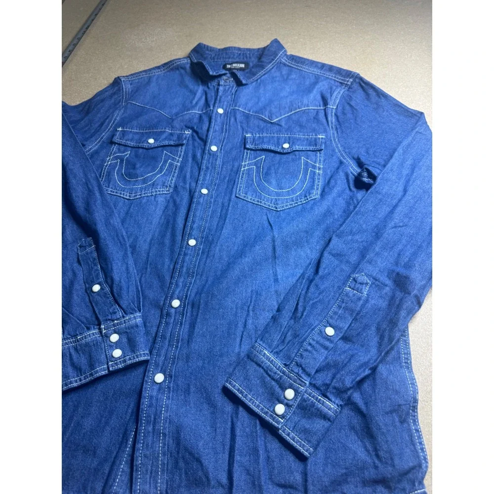 True Religion Mens Western Denim Shirt Blue Pearl Snap Horseshoe Pocket Large